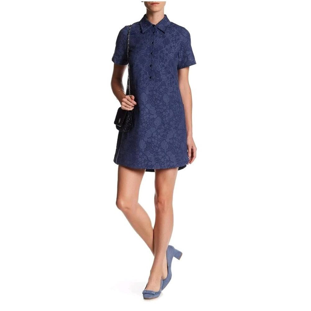 Erin Fetherston Navy Leigh Jacquard Brocade Button Front Shirt Dress Size 8